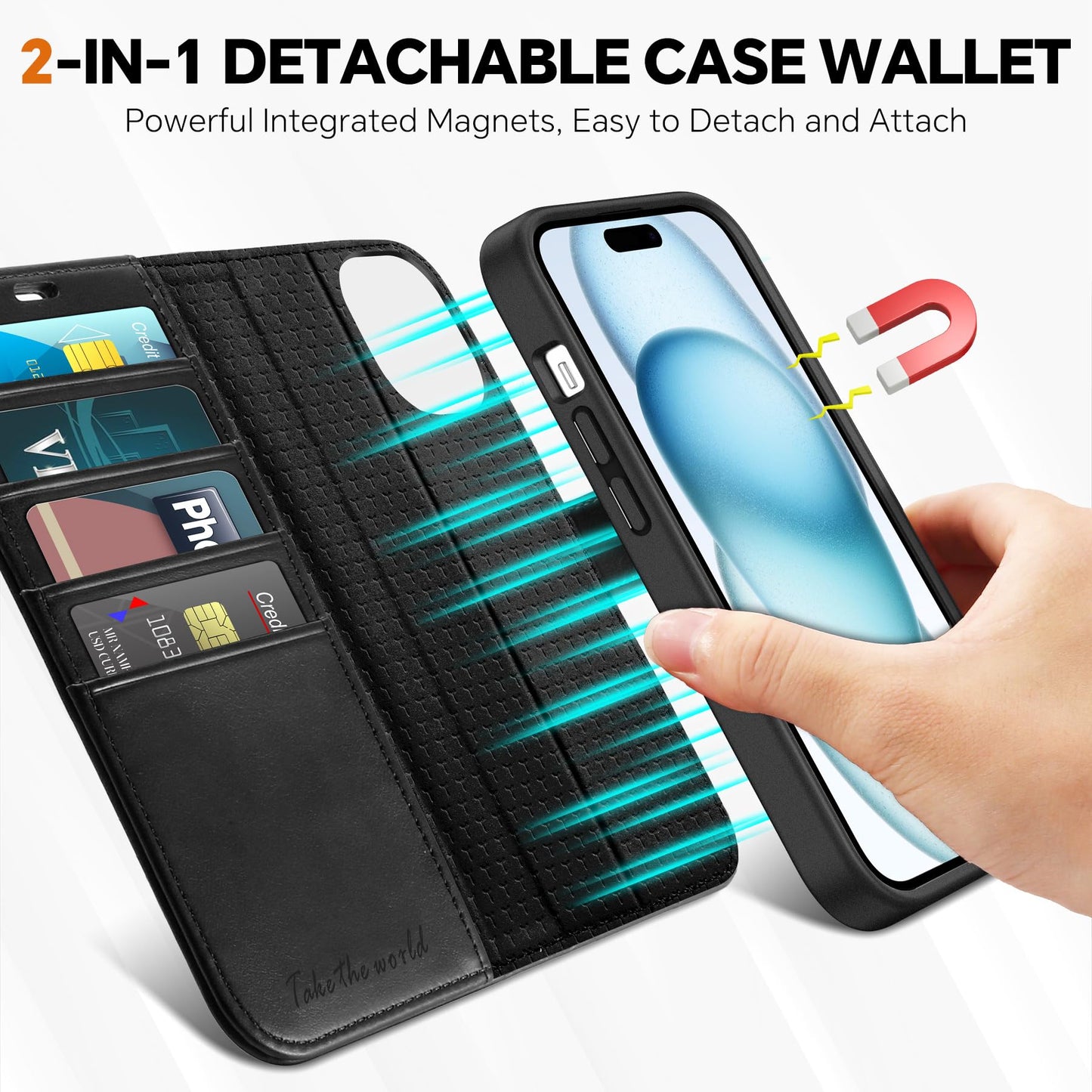 iPhone 15 6.1", Kickstand PU Leather [RFID Blocking] 4 Card Holder Magnetic Stand Protective Cover [TPU Shockproof Inner Shell] 5G 2023, Black - 7DAY'S
