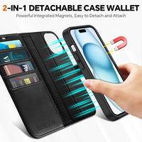 iPhone 15 6.1", Kickstand PU Leather [RFID Blocking] 4 Card Holder Magnetic Stand Protective Cover [TPU Shockproof Inner Shell] 5G 2023, Black - 7DAY'S