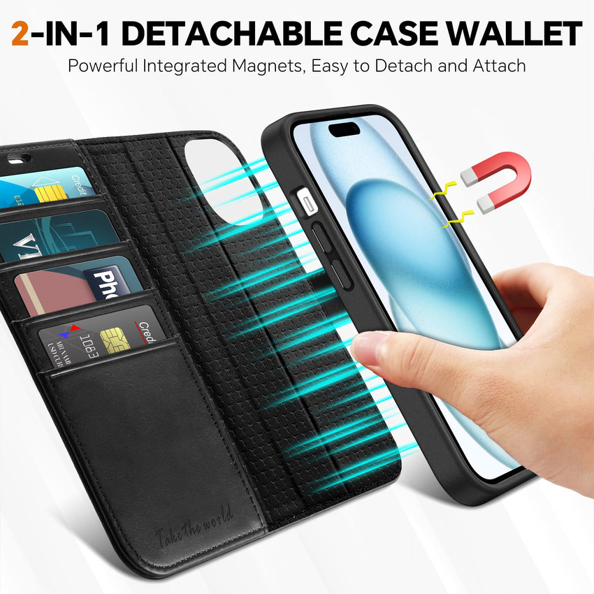 iPhone 15 6.1", Kickstand PU Leather [RFID Blocking] 4 Card Holder Magnetic Stand Protective Cover [TPU Shockproof Inner Shell] 5G 2023, Black - 7DAY'S
