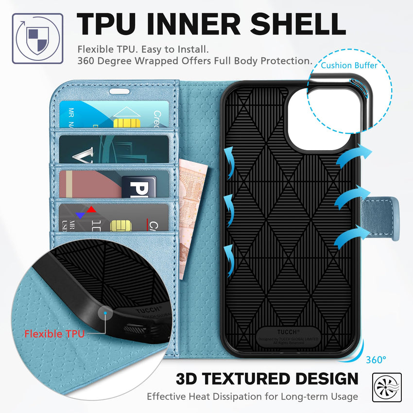 iPhone 15 6.1", Kickstand PU Leather [RFID Blocking] 4 Card Holder Magnetic Stand Protective Cover [TPU Shockproof Inner Shell] 5G 2023, Black - 7DAY'S