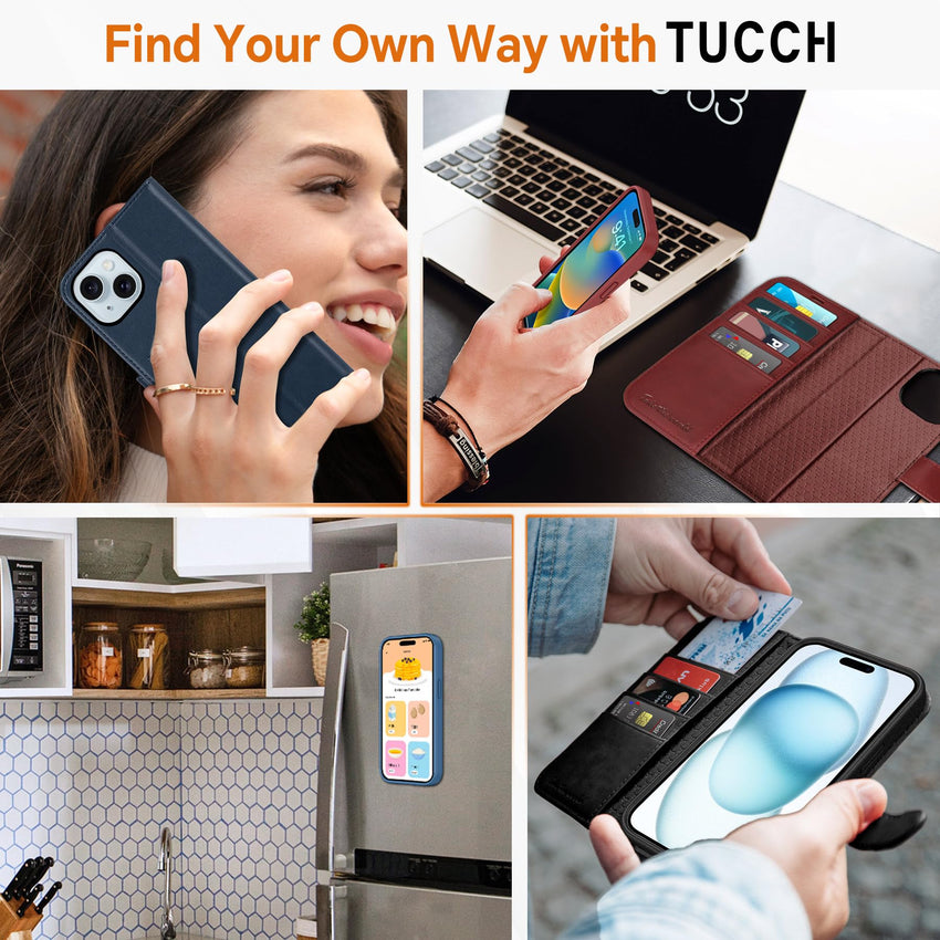 iPhone 15 6.1", Kickstand PU Leather [RFID Blocking] 4 Card Holder Magnetic Stand Protective Cover [TPU Shockproof Inner Shell] 5G 2023, Black - 7DAY'S