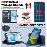 iPhone 15 6.1", Kickstand PU Leather [RFID Blocking] 4 Card Holder Magnetic Stand Protective Cover [TPU Shockproof Inner Shell] 5G 2023, Black - 7DAY'S