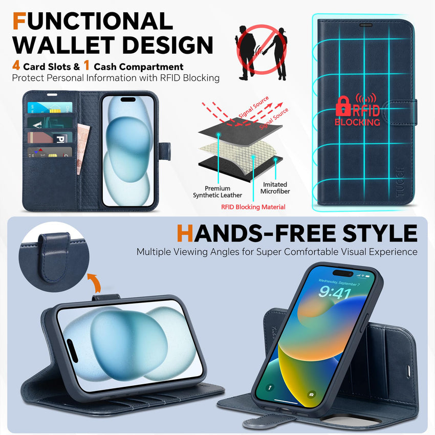 iPhone 15 6.1", Kickstand PU Leather [RFID Blocking] 4 Card Holder Magnetic Stand Protective Cover [TPU Shockproof Inner Shell] 5G 2023, Black - 7DAY'S