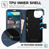 iPhone 15 6.1", Kickstand PU Leather [RFID Blocking] 4 Card Holder Magnetic Stand Protective Cover [TPU Shockproof Inner Shell] 5G 2023, Black - 7DAY'S