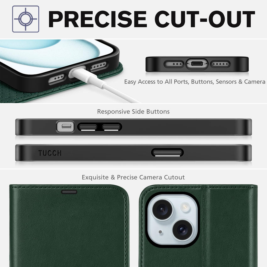 iPhone 15 6.1", Kickstand PU Leather [RFID Blocking] 4 Card Holder Magnetic Stand Protective Cover [TPU Shockproof Inner Shell] 5G 2023, Black - 7DAY'S