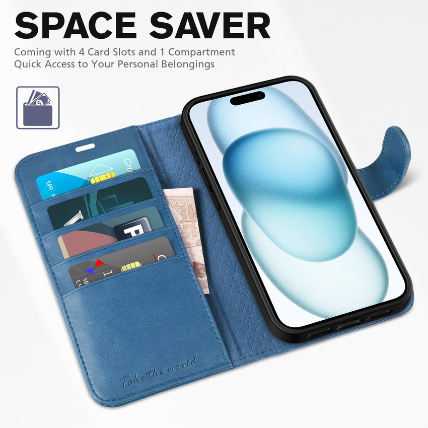 iPhone 15 6.1", Kickstand PU Leather [RFID Blocking] 4 Card Holder Magnetic Stand Protective Cover [TPU Shockproof Inner Shell] 5G 2023, Black - 7DAY'S