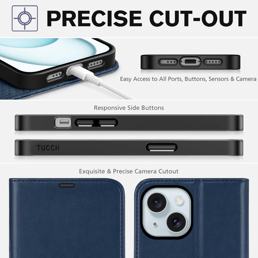 iPhone 15 6.1", Kickstand PU Leather [RFID Blocking] 4 Card Holder Magnetic Stand Protective Cover [TPU Shockproof Inner Shell] 5G 2023, Black - 7DAY'S