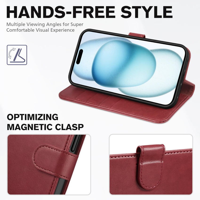 iPhone 15 6.1", Kickstand PU Leather [RFID Blocking] 4 Card Holder Magnetic Stand Protective Cover [TPU Shockproof Inner Shell] 5G 2023, Black - 7DAY'S