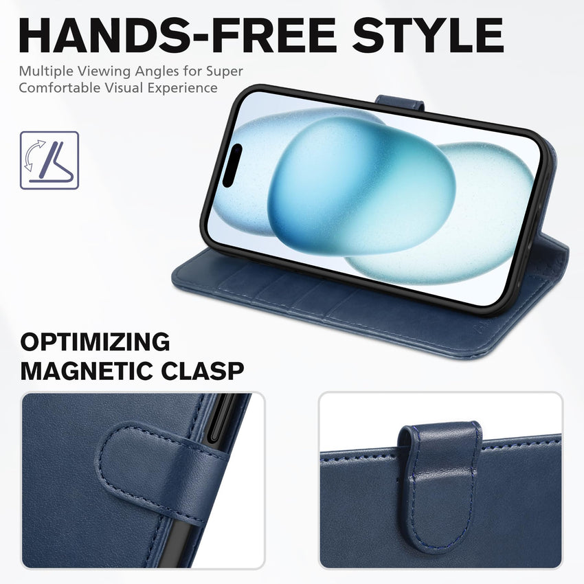 iPhone 15 6.1", Kickstand PU Leather [RFID Blocking] 4 Card Holder Magnetic Stand Protective Cover [TPU Shockproof Inner Shell] 5G 2023, Black - 7DAY'S