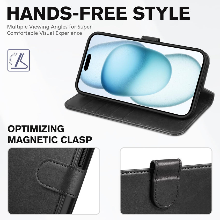 iPhone 15 6.1", Kickstand PU Leather [RFID Blocking] 4 Card Holder Magnetic Stand Protective Cover [TPU Shockproof Inner Shell] 5G 2023, Black - 7DAY'S