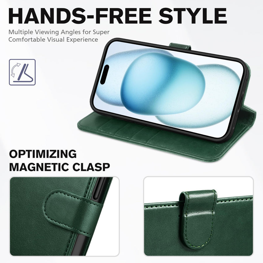 iPhone 15 6.1", Kickstand PU Leather [RFID Blocking] 4 Card Holder Magnetic Stand Protective Cover [TPU Shockproof Inner Shell] 5G 2023, Black - 7DAY'S