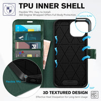 iPhone 15 6.1", Kickstand PU Leather [RFID Blocking] 4 Card Holder Magnetic Stand Protective Cover [TPU Shockproof Inner Shell] 5G 2023, Black - 7DAY'S