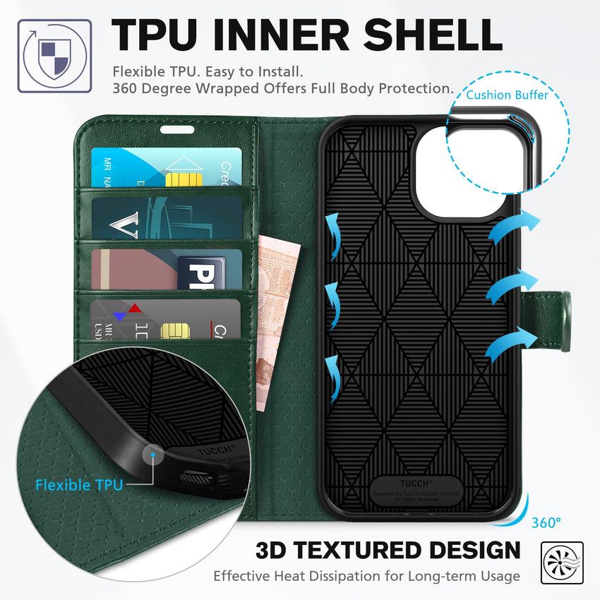 iPhone 15 6.1", Kickstand PU Leather [RFID Blocking] 4 Card Holder Magnetic Stand Protective Cover [TPU Shockproof Inner Shell] 5G 2023, Black - 7DAY'S