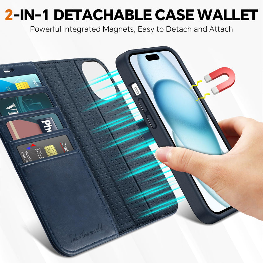 iPhone 15 6.1", Kickstand PU Leather [RFID Blocking] 4 Card Holder Magnetic Stand Protective Cover [TPU Shockproof Inner Shell] 5G 2023, Black - 7DAY'S