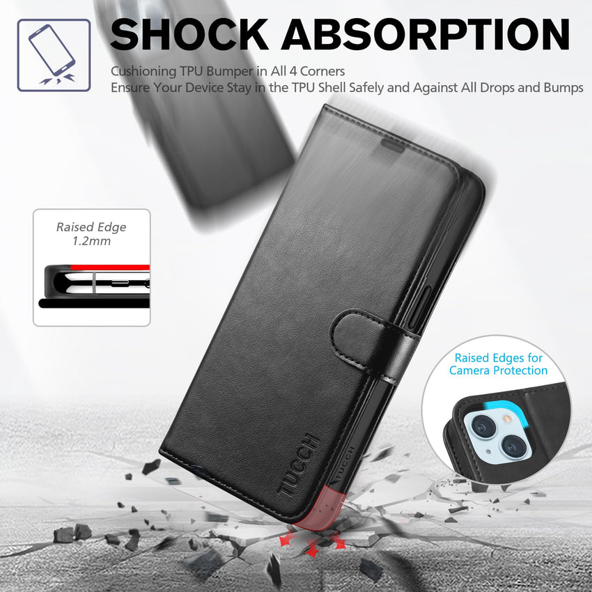 iPhone 15 6.1", Kickstand PU Leather [RFID Blocking] 4 Card Holder Magnetic Stand Protective Cover [TPU Shockproof Inner Shell] 5G 2023, Black - 7DAY'S