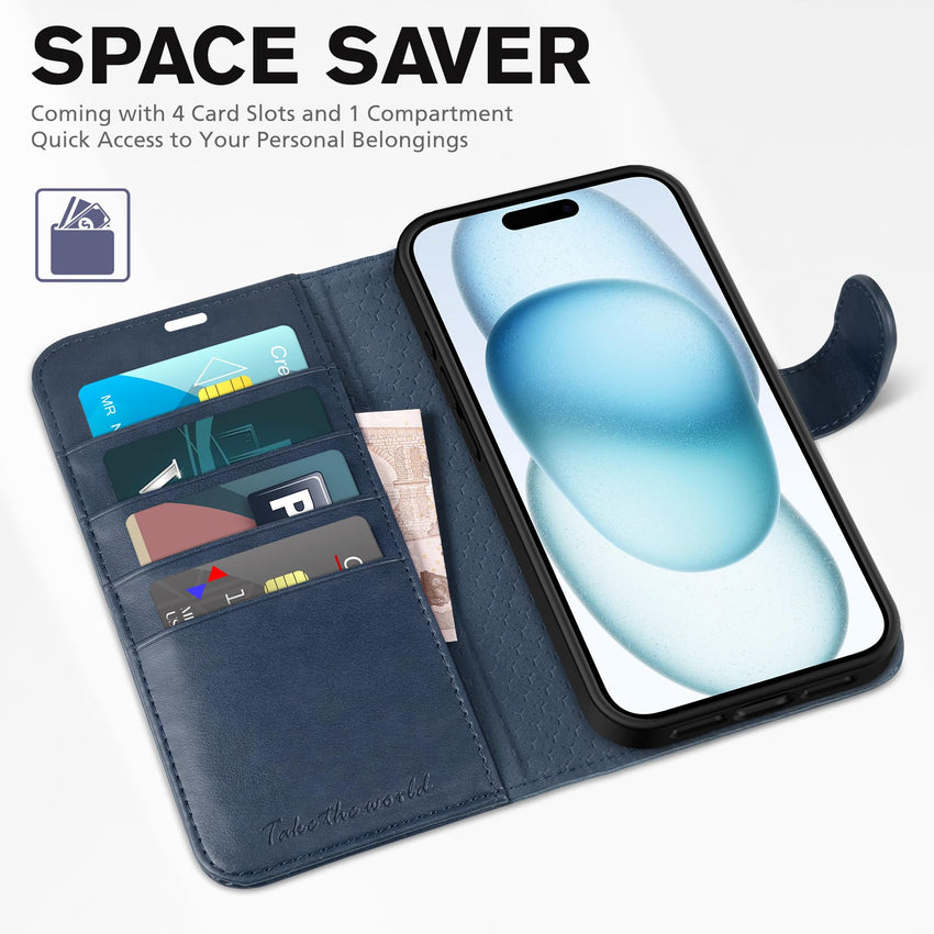 iPhone 15 6.1", Kickstand PU Leather [RFID Blocking] 4 Card Holder Magnetic Stand Protective Cover [TPU Shockproof Inner Shell] 5G 2023, Black - 7DAY'S