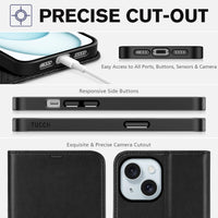 iPhone 15 6.1", Kickstand PU Leather [RFID Blocking] 4 Card Holder Magnetic Stand Protective Cover [TPU Shockproof Inner Shell] 5G 2023, Black - 7DAY'S