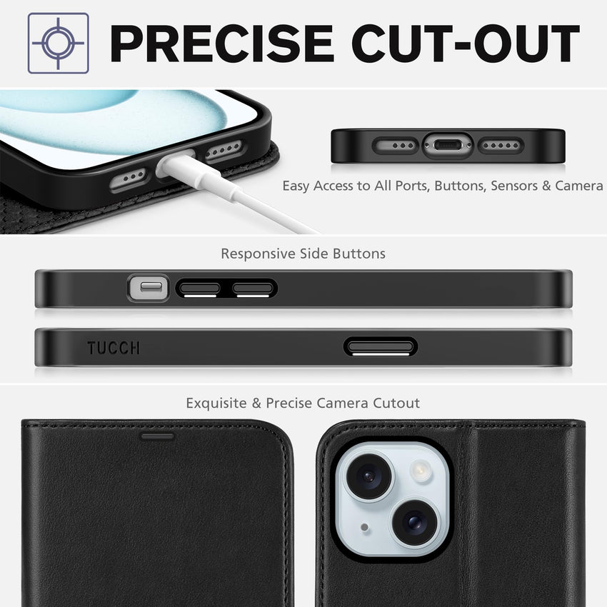 iPhone 15 6.1", Kickstand PU Leather [RFID Blocking] 4 Card Holder Magnetic Stand Protective Cover [TPU Shockproof Inner Shell] 5G 2023, Black - 7DAY'S