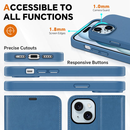 iPhone 15 6.1", Kickstand PU Leather [RFID Blocking] 4 Card Holder Magnetic Stand Protective Cover [TPU Shockproof Inner Shell] 5G 2023, Black - 7DAY'S