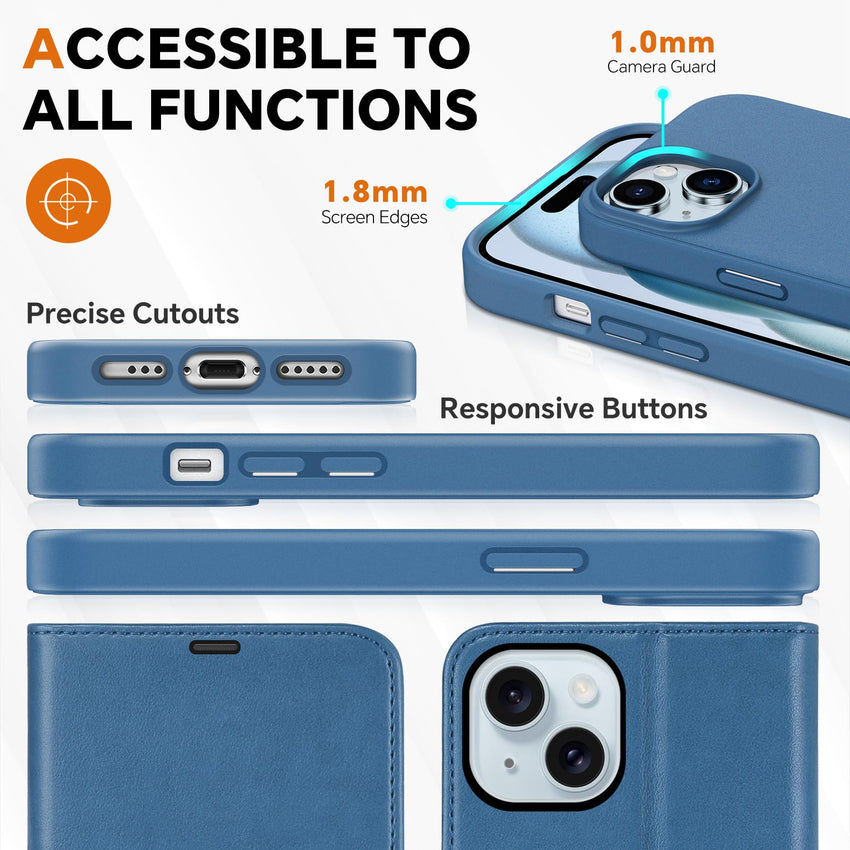 iPhone 15 6.1", Kickstand PU Leather [RFID Blocking] 4 Card Holder Magnetic Stand Protective Cover [TPU Shockproof Inner Shell] 5G 2023, Black - 7DAY'S