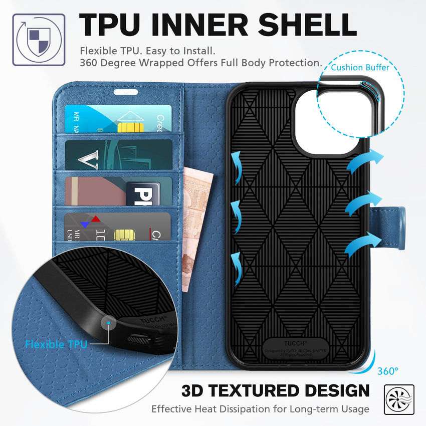 iPhone 15 6.1", Kickstand PU Leather [RFID Blocking] 4 Card Holder Magnetic Stand Protective Cover [TPU Shockproof Inner Shell] 5G 2023, Black - 7DAY'S