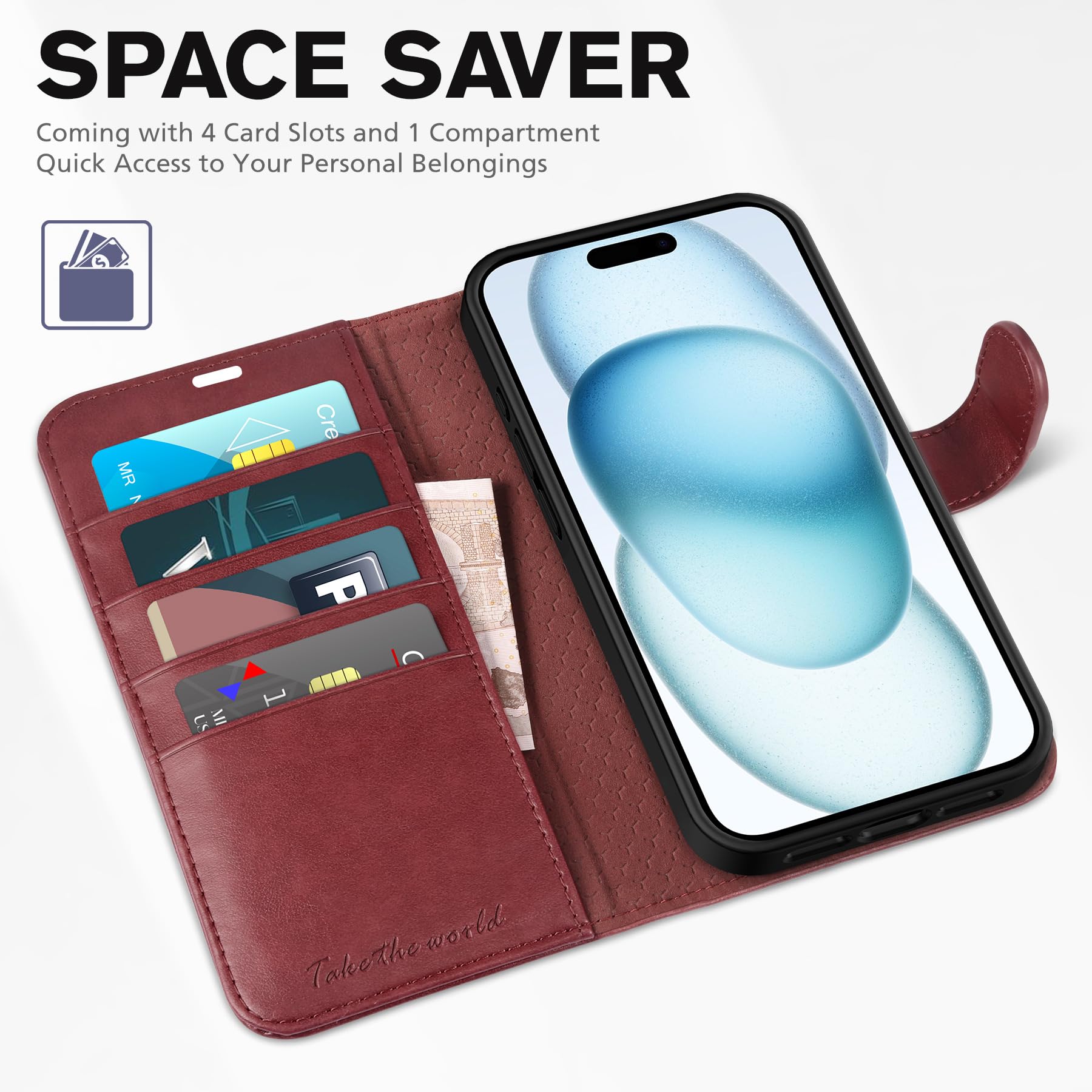 iPhone 15 6.1", Kickstand PU Leather [RFID Blocking] 4 Card Holder Magnetic Stand Protective Cover [TPU Shockproof Inner Shell] 5G 2023, Black - 7DAY'S