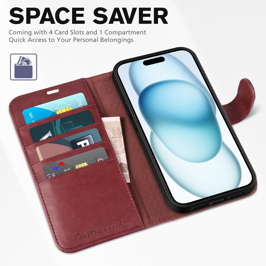 iPhone 15 6.1", Kickstand PU Leather [RFID Blocking] 4 Card Holder Magnetic Stand Protective Cover [TPU Shockproof Inner Shell] 5G 2023, Black - 7DAY'S