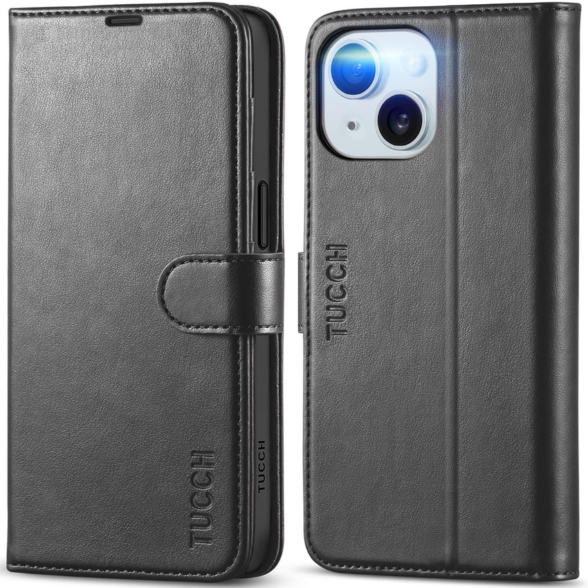 iPhone 15 6.1", Kickstand PU Leather [RFID Blocking] 4 Card Holder Magnetic Stand Protective Cover [TPU Shockproof Inner Shell] 5G 2023, Black - 7DAY'S