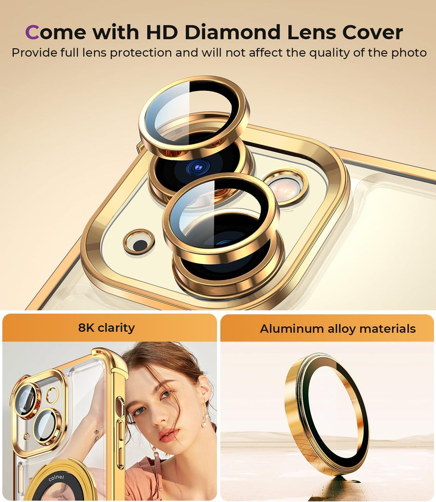 iPhone 15 Case with Integrated Lens Protection, [Foldable Stand & Ring Holder] [Compatible with Magsafe], Glossy Shockproof Bumper Stylish Women Case for iPhone 15, Gold - 7DAY'S