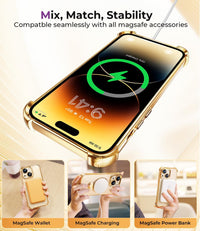 iPhone 15 Case with Integrated Lens Protection, [Foldable Stand & Ring Holder] [Compatible with Magsafe], Glossy Shockproof Bumper Stylish Women Case for iPhone 15, Gold - 7DAY'S