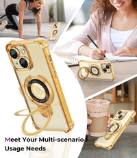 iPhone 15 Case with Integrated Lens Protection, [Foldable Stand & Ring Holder] [Compatible with Magsafe], Glossy Shockproof Bumper Stylish Women Case for iPhone 15, Gold - 7DAY'S