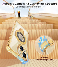 iPhone 15 Case with Integrated Lens Protection, [Foldable Stand & Ring Holder] [Compatible with Magsafe], Glossy Shockproof Bumper Stylish Women Case for iPhone 15, Gold - 7DAY'S