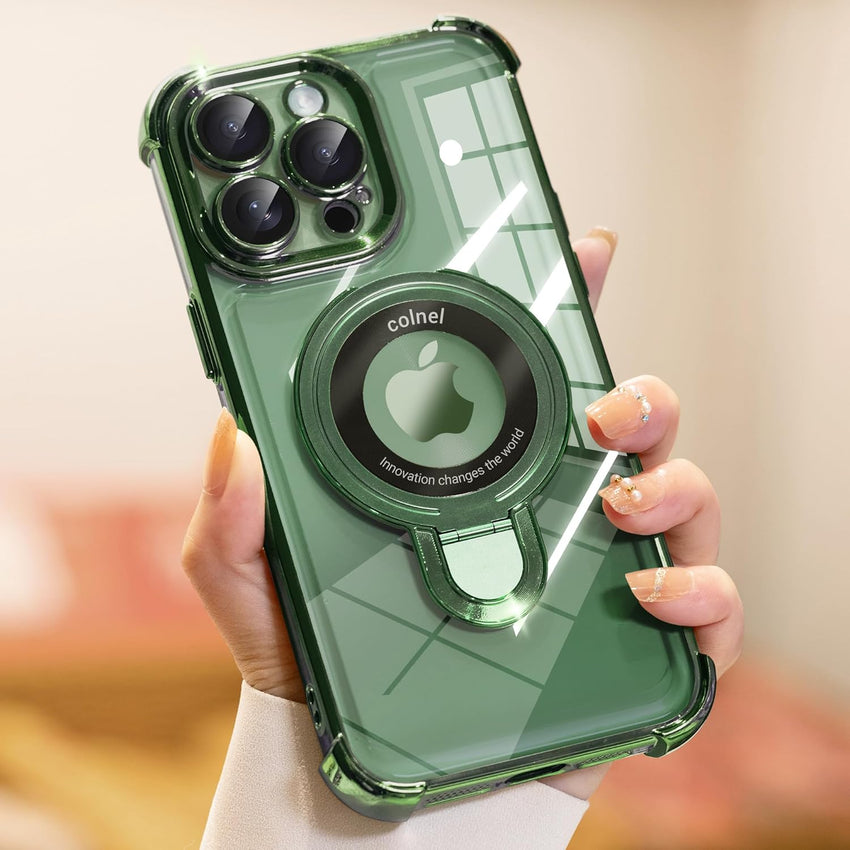 iPhone 15 Pro Max Case with Integrated Lens Protection, [Foldable Stand & Ring Holder] [Compatible with Magsafe], Glossy Shockproof Bumper Stylish Women Case for iPhone 15 Pro Max, Green - 7DAY'S