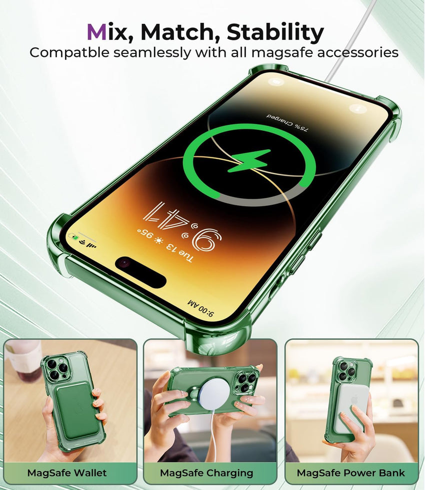iPhone 15 Pro Max Case with Integrated Lens Protection, [Foldable Stand & Ring Holder] [Compatible with Magsafe], Glossy Shockproof Bumper Stylish Women Case for iPhone 15 Pro Max, Green - 7DAY'S
