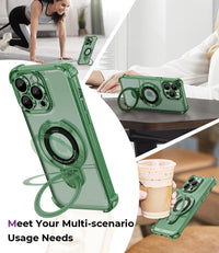 iPhone 15 Pro Max Case with Integrated Lens Protection, [Foldable Stand & Ring Holder] [Compatible with Magsafe], Glossy Shockproof Bumper Stylish Women Case for iPhone 15 Pro Max, Green - 7DAY'S