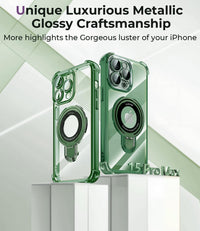 iPhone 15 Pro Max Case with Integrated Lens Protection, [Foldable Stand & Ring Holder] [Compatible with Magsafe], Glossy Shockproof Bumper Stylish Women Case for iPhone 15 Pro Max, Green - 7DAY'S