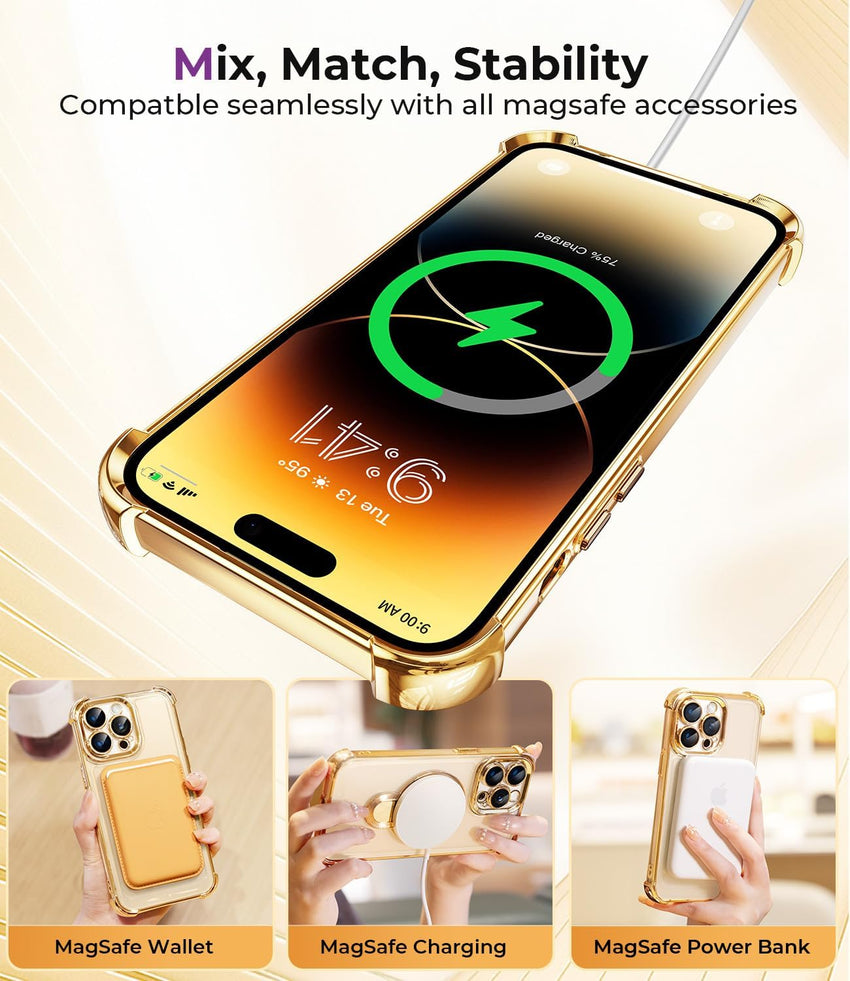 iPhone 15 Pro Max Case with Integrated Lens Protection, [Foldable Stand & Ring Holder] [Compatible with Magsafe], Glossy Shockproof Bumper Stylish Women Case for iPhone 15 Pro Max, Gold - 7DAY'S