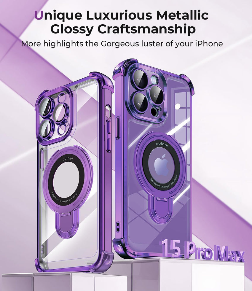 iPhone 15 Pro Max Case with Integrated Lens Protection, [Foldable Stand & Ring Holder] [Compatible with Magsafe], Glossy Shockproof Bumper Stylish Women Case for iPhone 15 Pro Max, Purple - 7DAY'S