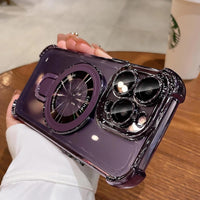 iPhone 15 Pro Max Case with Integrated Lens Protection, [Foldable Stand & Ring Holder] [Compatible with Magsafe], Glossy Shockproof Bumper Stylish Women Case for iPhone 15 Pro Max, Purple - 7DAY'S