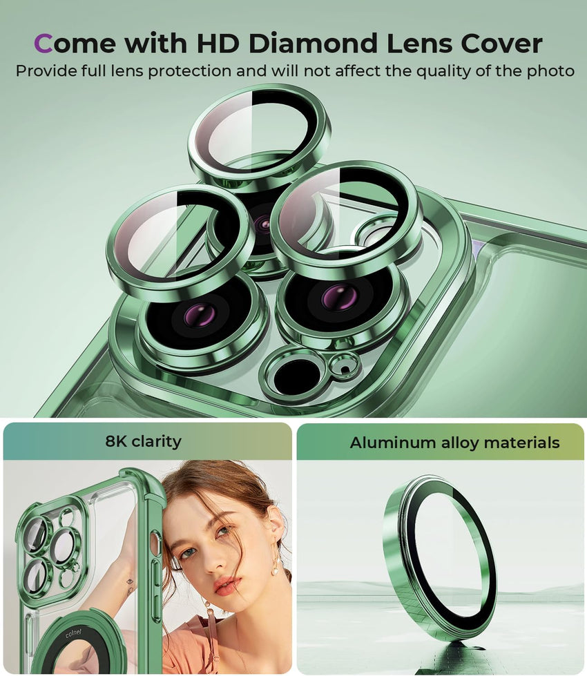 iPhone 15 Pro Max Case with Integrated Lens Protection, [Foldable Stand & Ring Holder] [Compatible with Magsafe], Glossy Shockproof Bumper Stylish Women Case for iPhone 15 Pro Max, Green - 7DAY'S