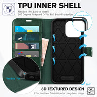 iPhone 15 Pro Max, RFID Blocking 4 Card Holder Kickstand Shockproof TPU Inner Case, PU Leather Magnetic Flip Folio Cover, Black - 7DAY'S