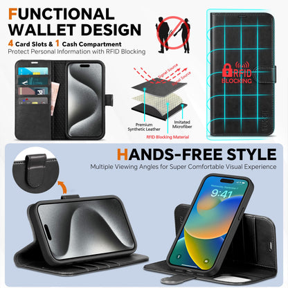 iPhone 15 Pro Max, RFID Blocking 4 Card Holder Kickstand Shockproof TPU Inner Case, PU Leather Magnetic Flip Folio Cover, Black - 7DAY'S