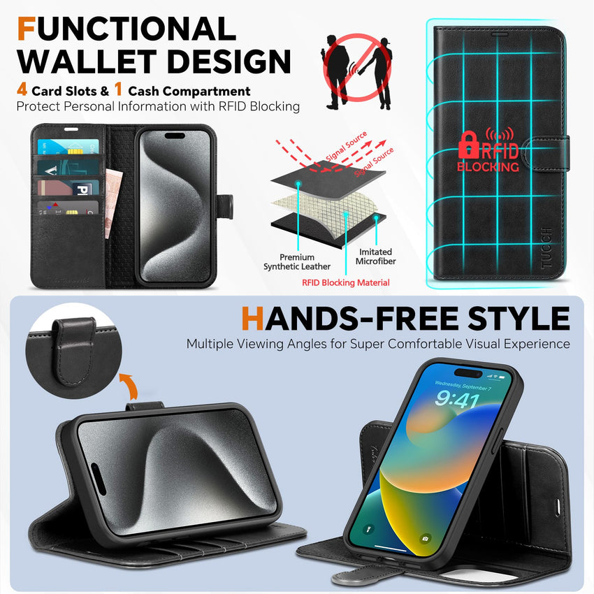 iPhone 15 Pro Max, RFID Blocking 4 Card Holder Kickstand Shockproof TPU Inner Case, PU Leather Magnetic Flip Folio Cover, Black - 7DAY'S