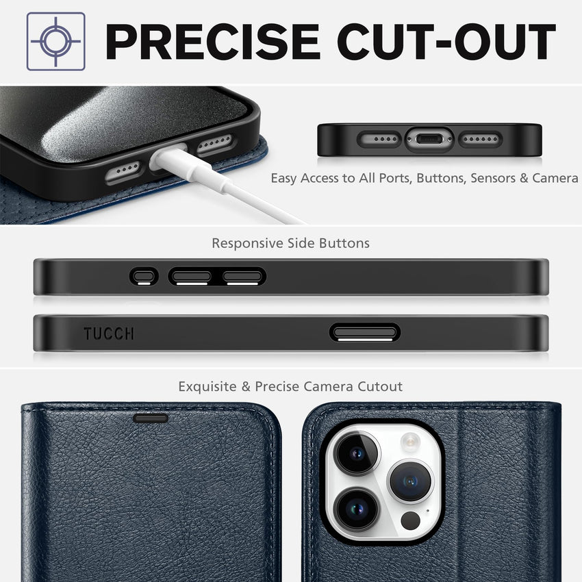 iPhone 15 Pro Max, RFID Blocking 4 Card Holder Kickstand Shockproof TPU Inner Case, PU Leather Magnetic Flip Folio Cover, Black - 7DAY'S