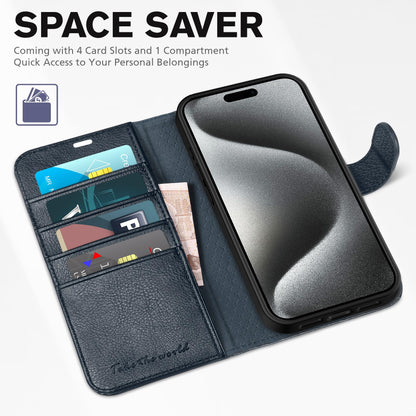 iPhone 15 Pro Max, RFID Blocking 4 Card Holder Kickstand Shockproof TPU Inner Case, PU Leather Magnetic Flip Folio Cover, Black - 7DAY'S