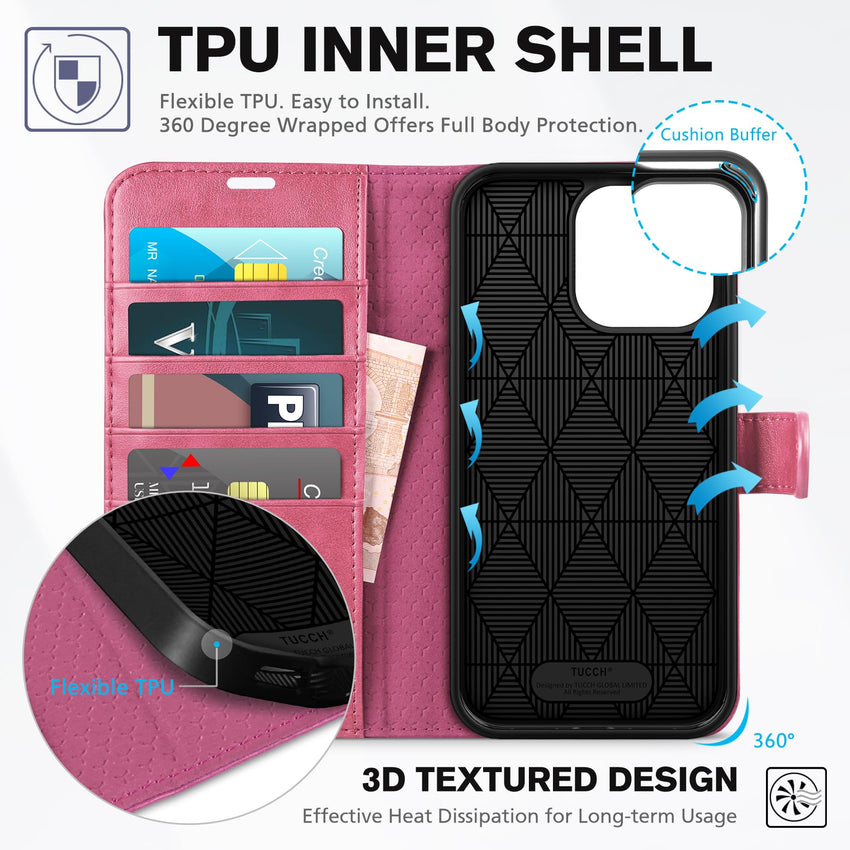 iPhone 15 Pro Max, RFID Blocking 4 Card Holder Kickstand Shockproof TPU Inner Case, PU Leather Magnetic Flip Folio Cover, Black - 7DAY'S