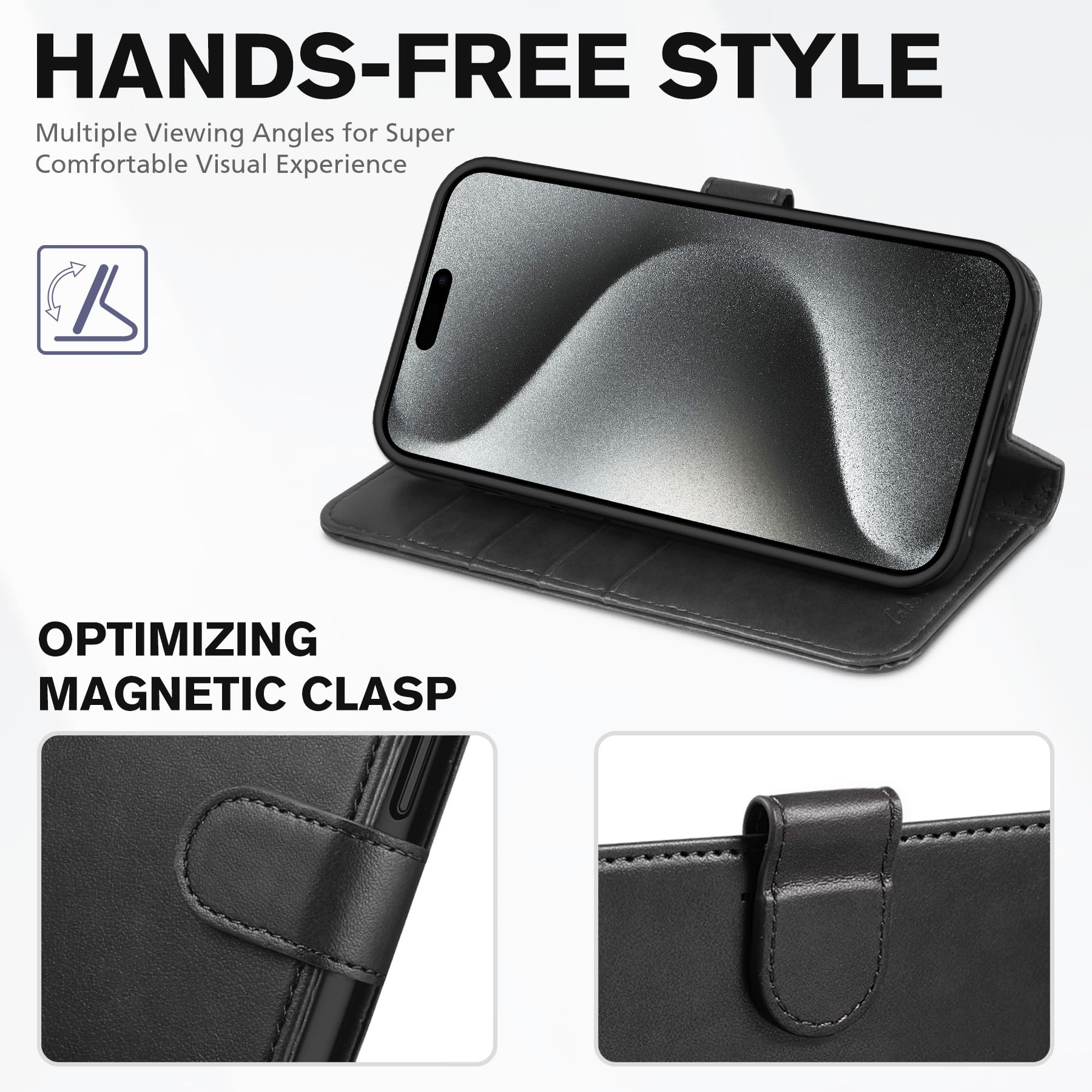 iPhone 15 Pro Max, RFID Blocking 4 Card Holder Kickstand Shockproof TPU Inner Case, PU Leather Magnetic Flip Folio Cover, Black - 7DAY'S