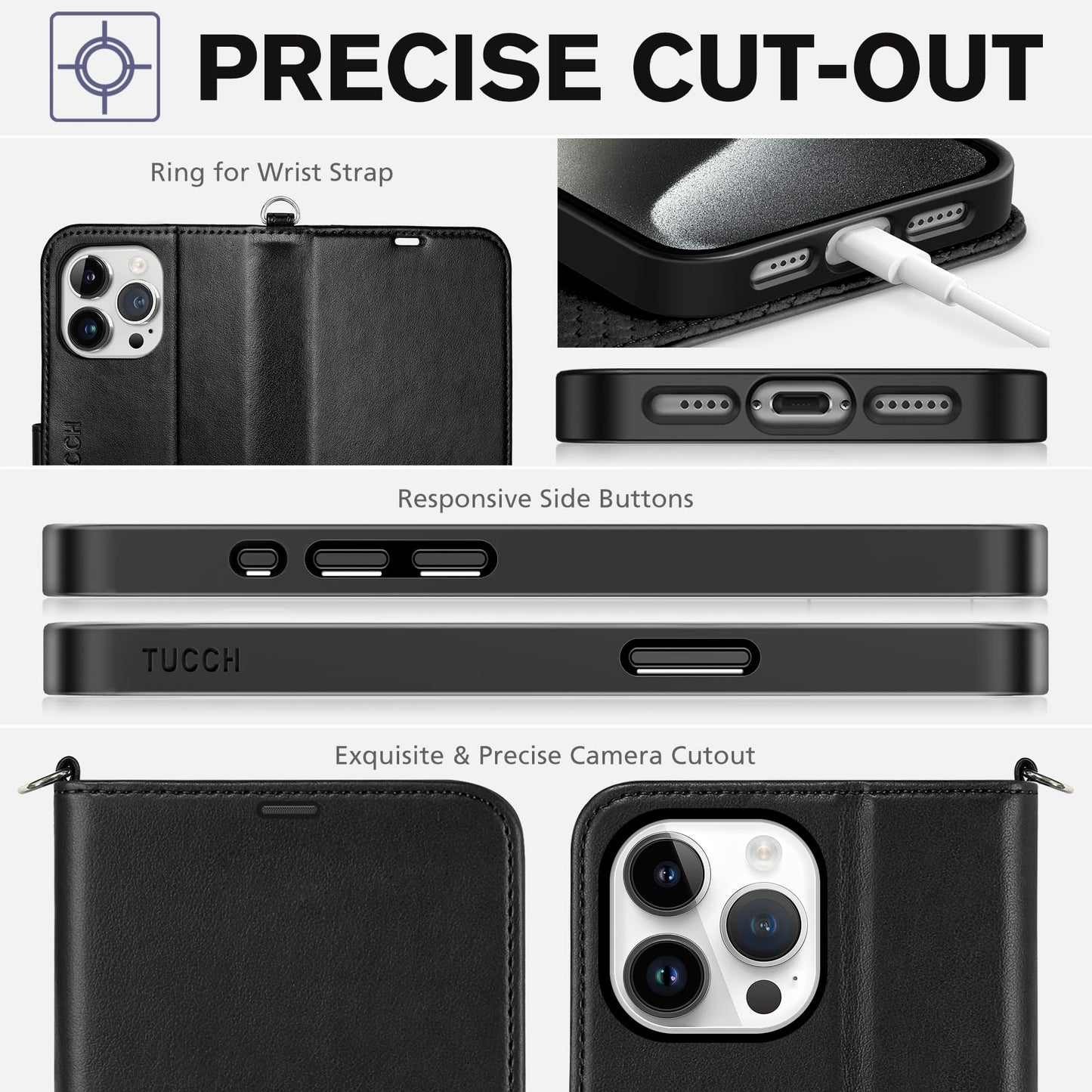 iPhone 15 Pro Max, RFID Blocking 4 Card Holder Kickstand Shockproof TPU Inner Case, PU Leather Magnetic Flip Folio Cover, Black - 7DAY'S