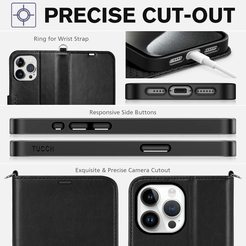 iPhone 15 Pro Max, RFID Blocking 4 Card Holder Kickstand Shockproof TPU Inner Case, PU Leather Magnetic Flip Folio Cover, Black - 7DAY'S