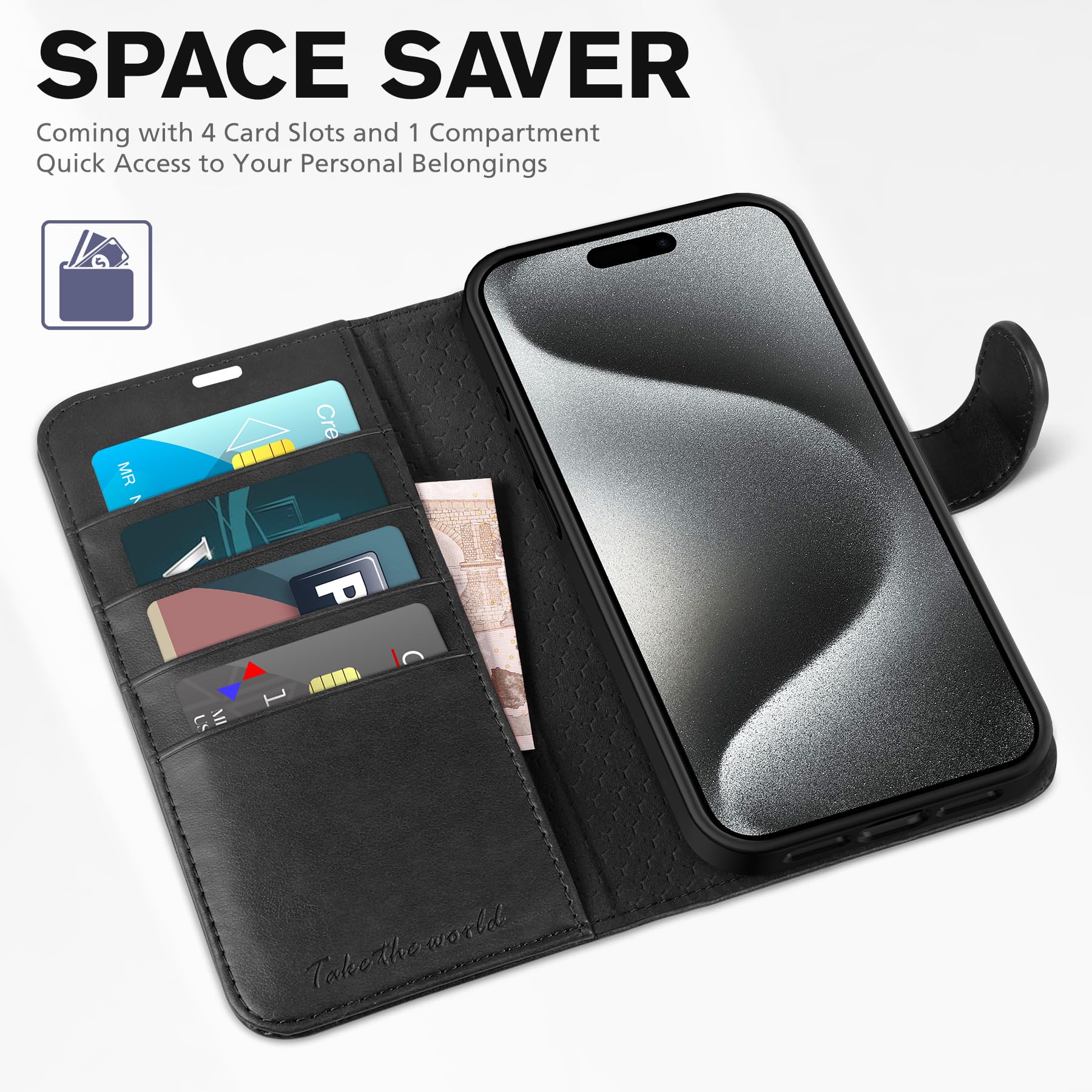 iPhone 15 Pro Max, RFID Blocking 4 Card Holder Kickstand Shockproof TPU Inner Case, PU Leather Magnetic Flip Folio Cover, Black - 7DAY'S
